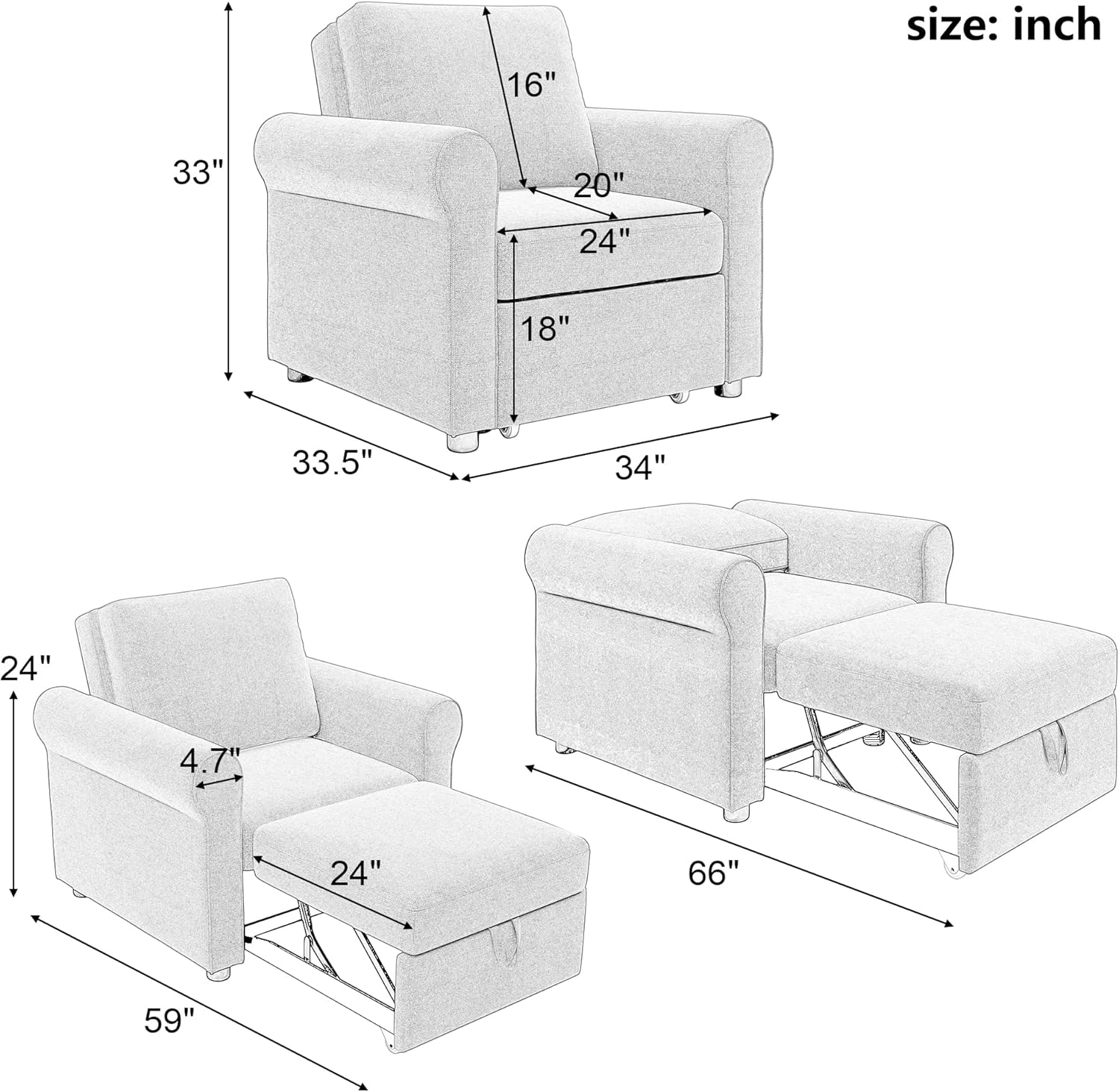 3-in-1 Sofa Bed Chair, Convertible Sleeper Chair Bed,Adjust Backrest Into a Sofa,Lounger Chair,Single Bed,Modern Chair Bed Sleeper for Adults,deep Blue(Old sku:WF301161AAD)
