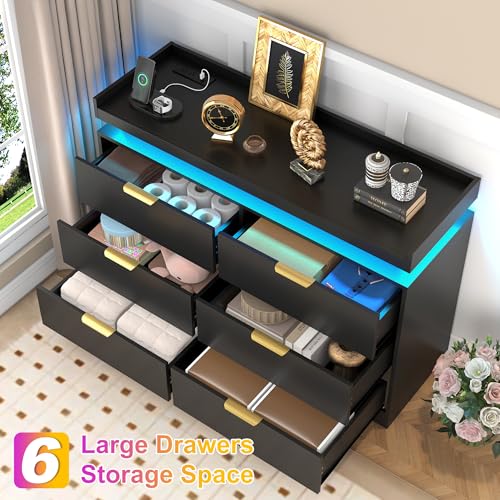 White Dresser with LED Lights, Wooden LED Dresser, 4 Drawer Chest with Charging Station, Tall Chest of Drawer Closet Organizer for Bedroom, Living Room, Entryway, Hallway