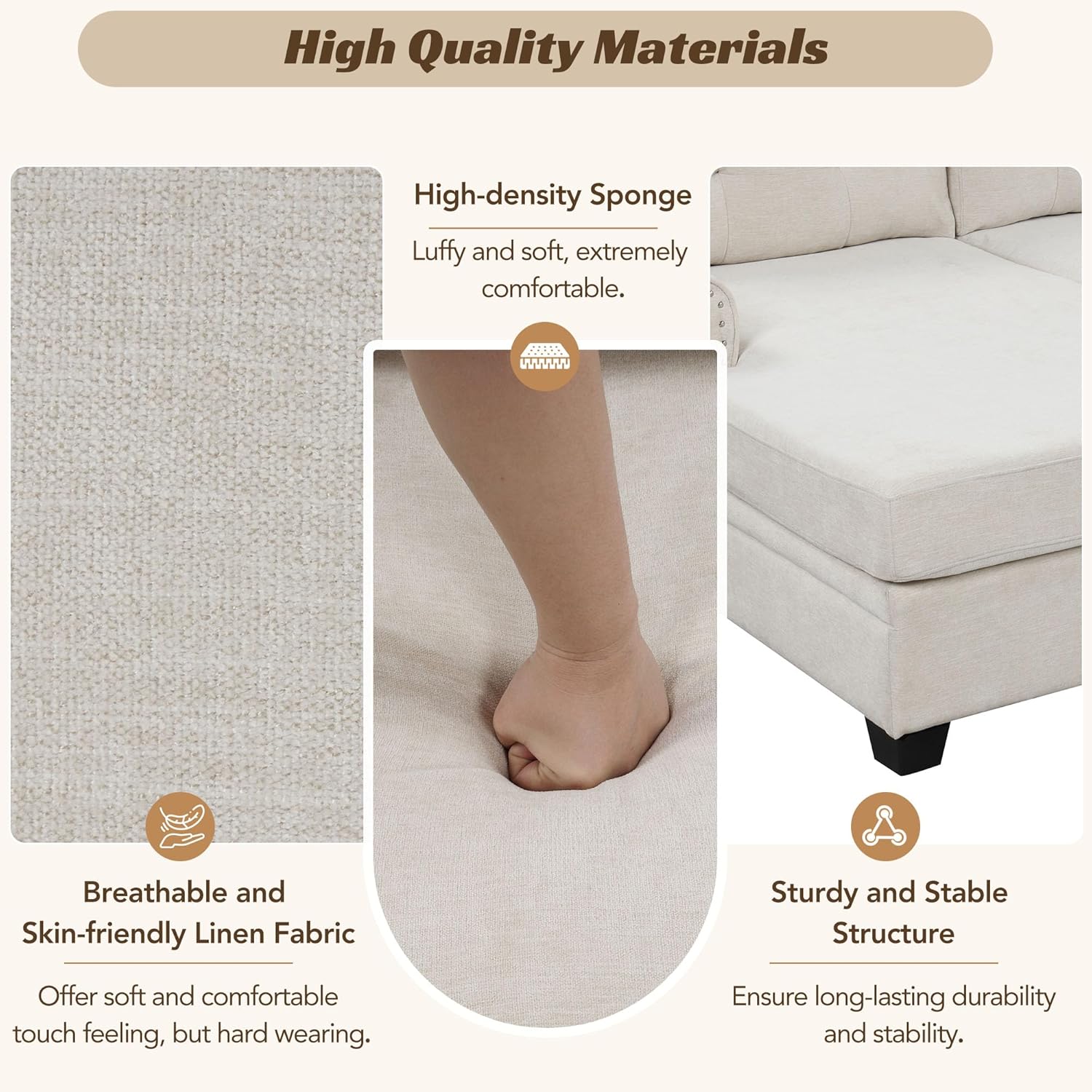 120" Corner Sectional U-Shaped Oversized, Upholstered Modern Tufted Backrest and Nailhead Trim Armrest, Space-Saving Linen Fabric Sofa Couch for Living Room,Bedroom,Beige