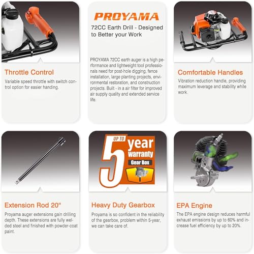 PROYAMA 54cc Post Hole Digger Gas Powered 2 Cycle Earth Auger, 5-Year Warranty Gear Box, 4 Drill Bits 4" 6" 8" 12" + Extension Rod 12" 20"
