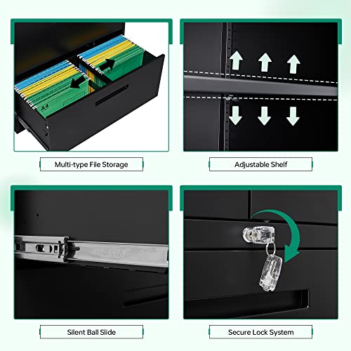 Letaya Metal Storage Cabinets for Home Office,File Cabinet with Adjust Shelves and Lock,2 Drawers Filing Cabinets-Hang Legal/Letter/A4/F4 Size Filing-Black