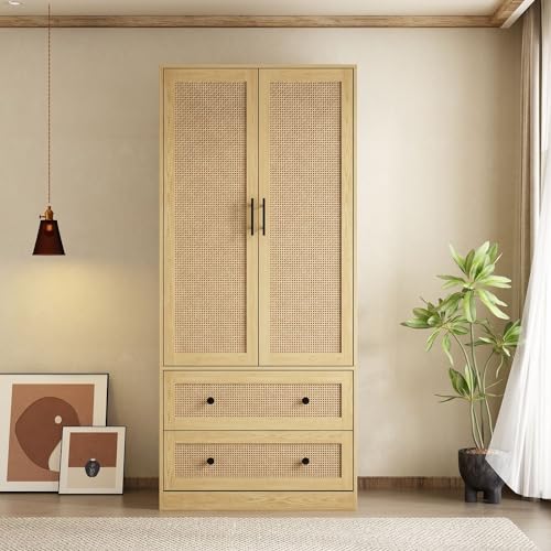 FAMAPY 2 Rattan Door Wardrobe Closet with 2 Drawers and Shelves, Farmhouse Armoire Wardrobe Closet with Hanging Rod, Black Metal Handles, Closet for Bedroom Oak (31.5”W x 19.7”D x 70.9”H)