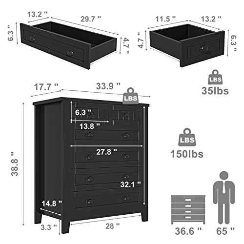 Vibe & Dine 6 Drawer Dresser Tall, White Wooden Dresser for Bedroom, Modern Chest of Drawers with Solid Wood Handles & Legs for Closet, Hallway
