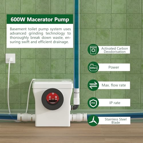 SUPERFLO Macerating Toilet System with Macerator Toilet Pump & One Piece Toilet Bowl,600W Upflush Toilet for Basement Pump to V26.2- H262 Feet