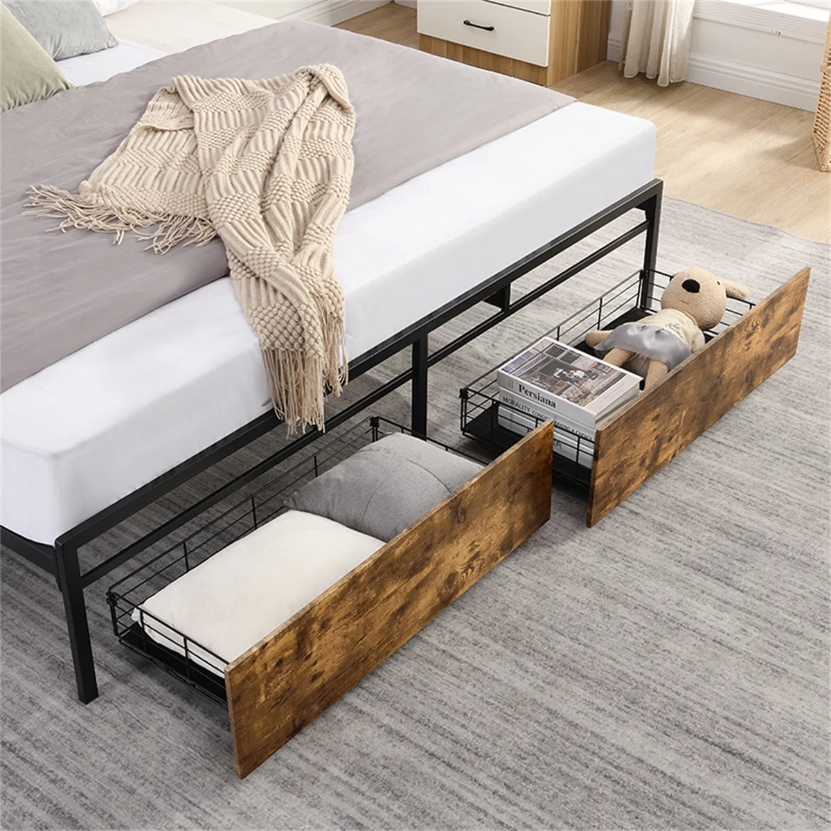 Full Bed Frame, Storage Headboard with Charging Station, Solid and Stable, Noise Free, No Box Spring Needed, Easy Assembly