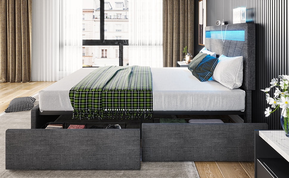 Queen Bed Frame with 4 Storage Drawers and 2 USB Charging Station, Upholstered Platform Bed Frame with LED Headboard,Dark Grey