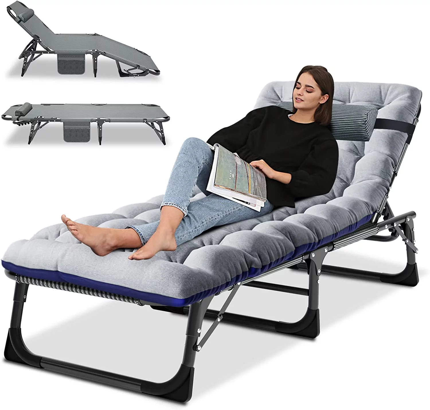 Slsy 4-Fold Folding Camping Cot with 2 Sided Mattress & Pillow, Adjustable 4-Position Folding Lounge Chair, Portable Sleeping Cots Bed