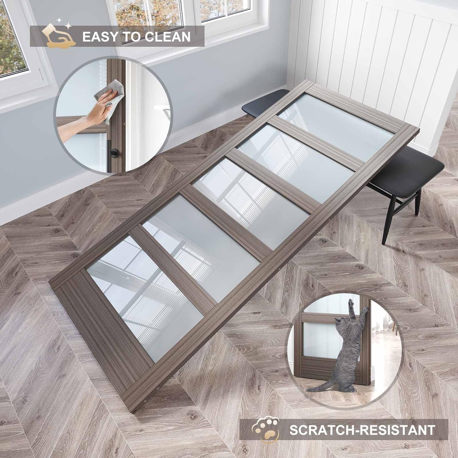 30 x 84 Inch Glass Sliding Barn Door Slab and 5.5ft Hardware Kit Included, MDF Wood Panel Covered with Water-Proof Scratch-Resistant PVC Surface, Easy to Clean, Simple DIY Assembly