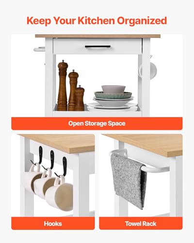 VEVOR Kitchen Island Cart with Solid Wood Top, 35.4" Width Mobile Carts with Storage Cabinet, Rolling Kitchen Table with Spice Rack, Towel Rack, and Drawer, Portable Islands on Wheels, White