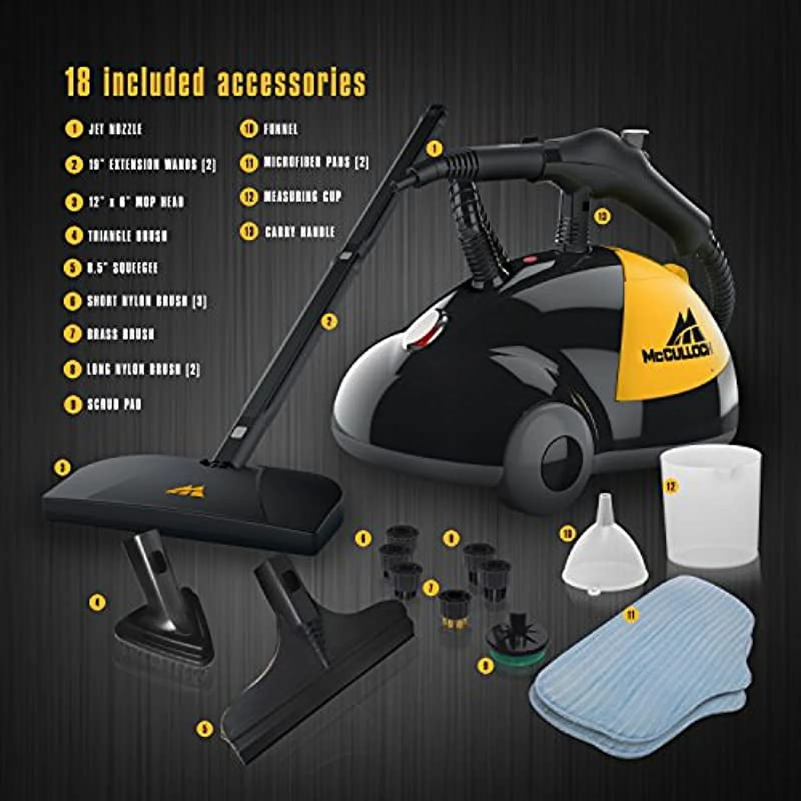 McCulloch MC1275 Heavy-Duty Steam Cleaner with 18 Accessories, Extra-Long Power Cord, Chemical-Free Pressurized Cleaning for Most Floors, Counters, Appliances, Windows, Autos, and More, Yellow/Grey