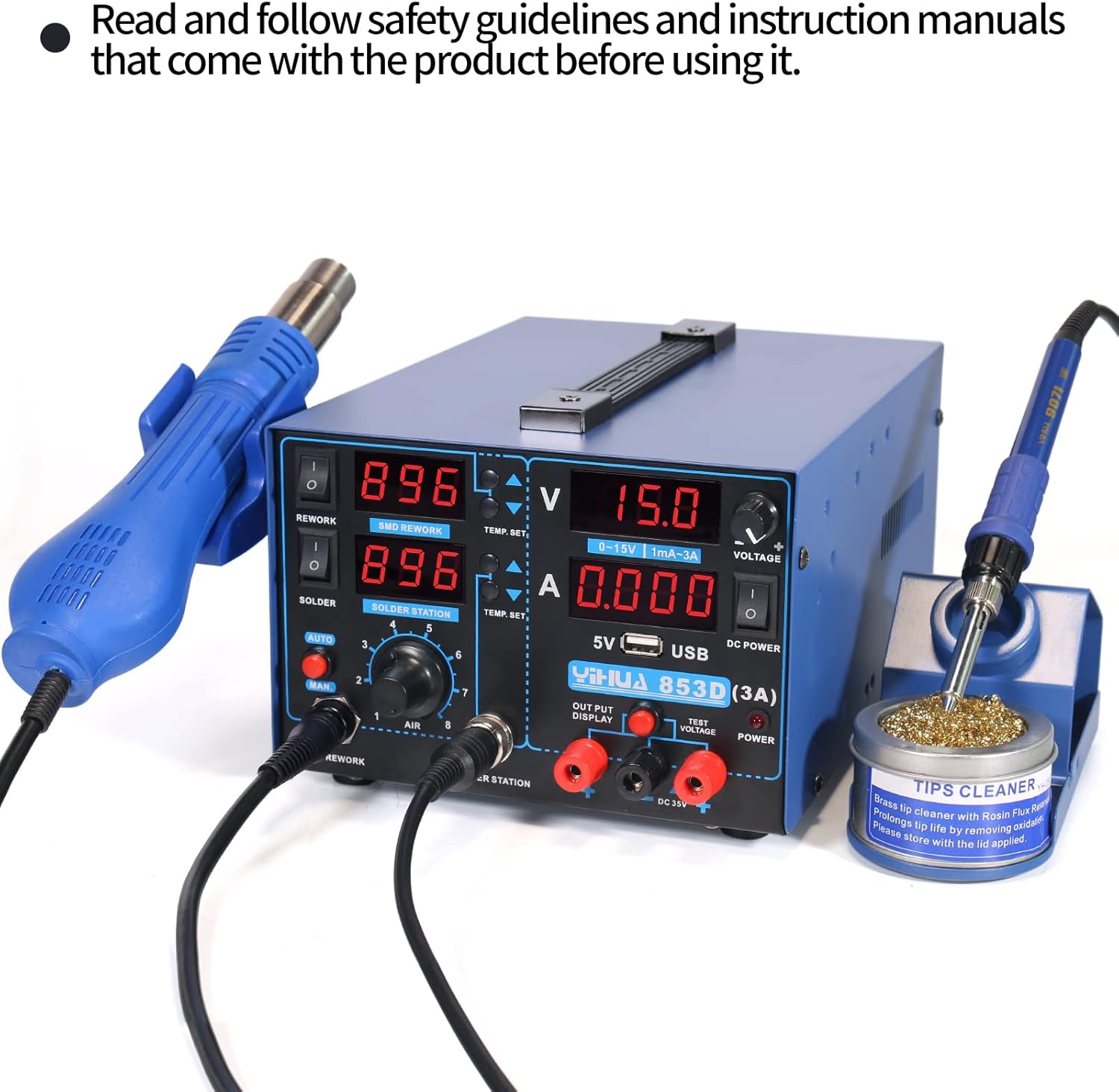 YIHUA 853D USB 3A-Three Tools- Soldering Station, Hot Air Rework Station and Power Supply 0~3A, 0-15V with output and test modes. Also oC/��F display, Digital Cal, Sleep Function