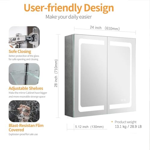 24 Inch X 28 Inch Illuminated Led Mirror Cabinet for Bathroom Stainless Steel Wall Mounted Medicine Cabinet with Double Touch Switches for Clor Change, Dimmer and Anti-Fog Function