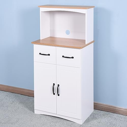 Tall Kitchen Pantry, Wooden Kitchen Cabinet White Pantry Room Storage Microwave Cabinet with Framed Glass Doors and Drawer, Buffet Cabinet Coffee Bar Cabinet for Dining Room Living Room