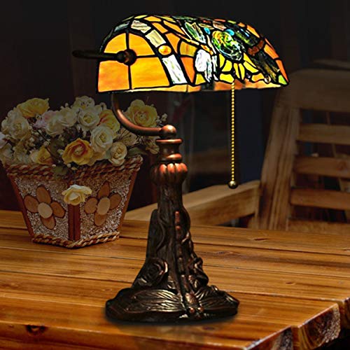 Tiffany Lamp Stained Glass Table Lamp for Living Room Side Dragonfly Piano Lamp Small 15.5" Tall Bedroom Bedside Table Lamp Chain Switch Banker's Home Office Desk Light Farmhouse Lamps