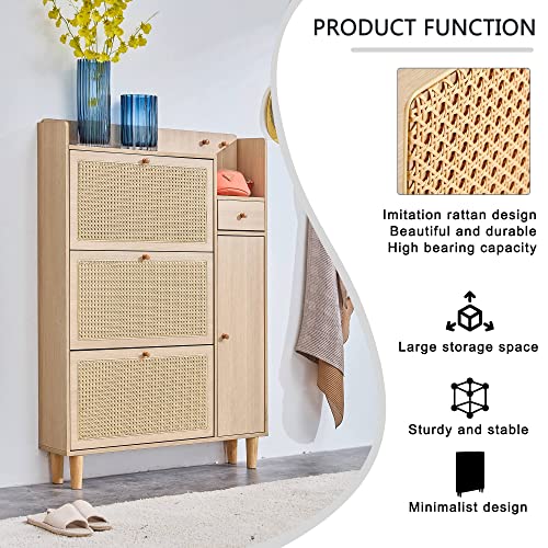 Olela Organizer Shoe Cabinet Storage with Rattan Doors & Adjustable Shelves, Modern Hidden Shoe Rack with 3 Flip Drawers & 2 Small/Large Shelves for Entryway, Front Door Entrance