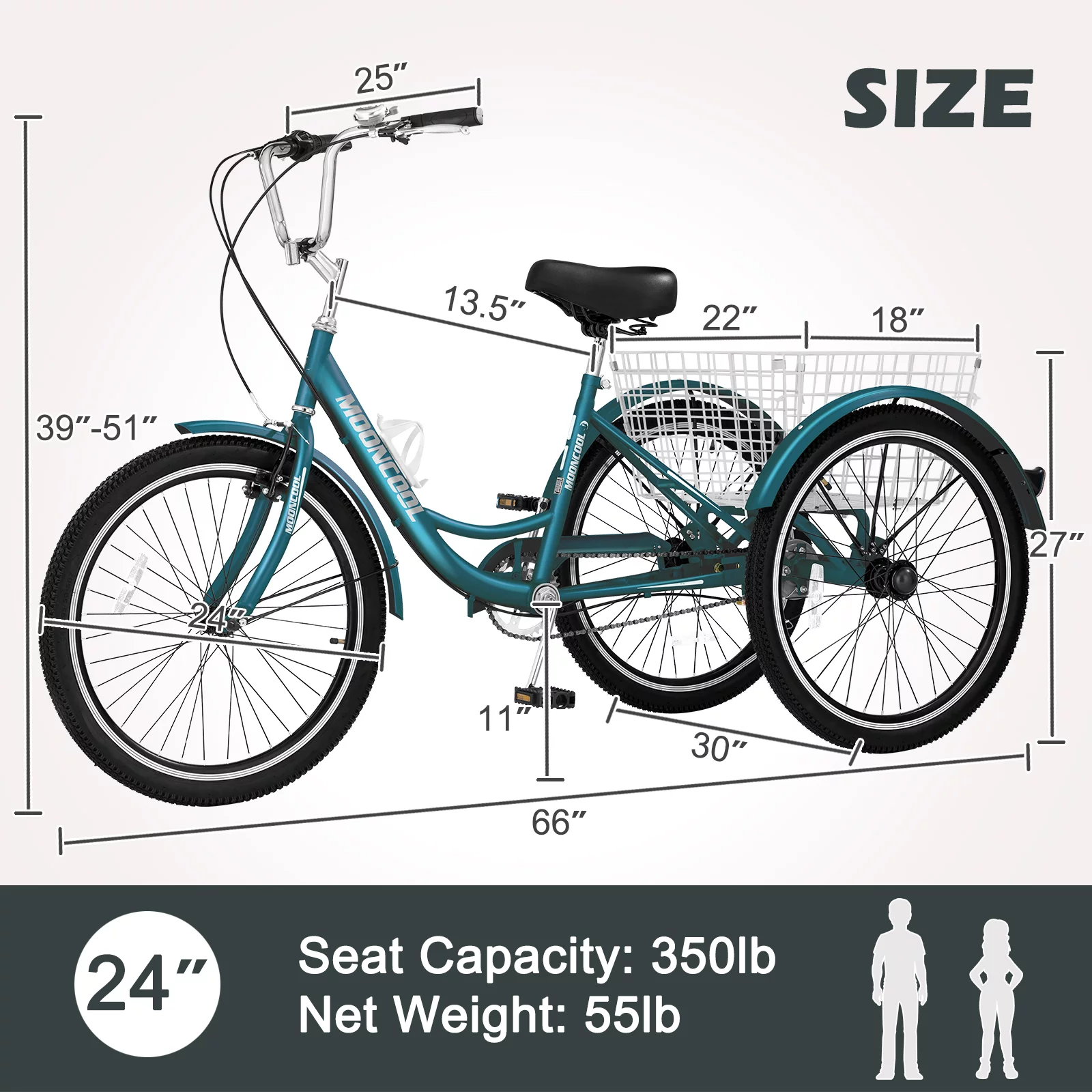 Adult Tricycles Single Speed, Adult Trikes 24 inch 3 Wheel Bikes, Three-Wheeled Bicycles Cruise Trike with Shopping Basket for Seniors, Women, Men