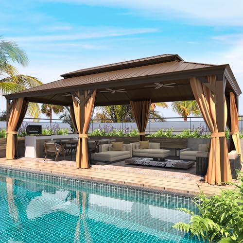 MELLCOM 12'x16' Hardtop Gazebo, Galvanized Steel Metal Double Roof Canopy with Curtains and Netting, Brown Permanent Pavilion Gazebos with Aluminum Frame for Garden, Patio, Lawns, Deck