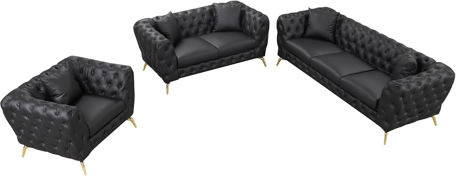 Merax Modern 3-Piece PU Upholstered Sofa Sets with Sturdy Metal Legs, Including Three Seat Couch, Loveseat and Single Chair for Living Room, Black