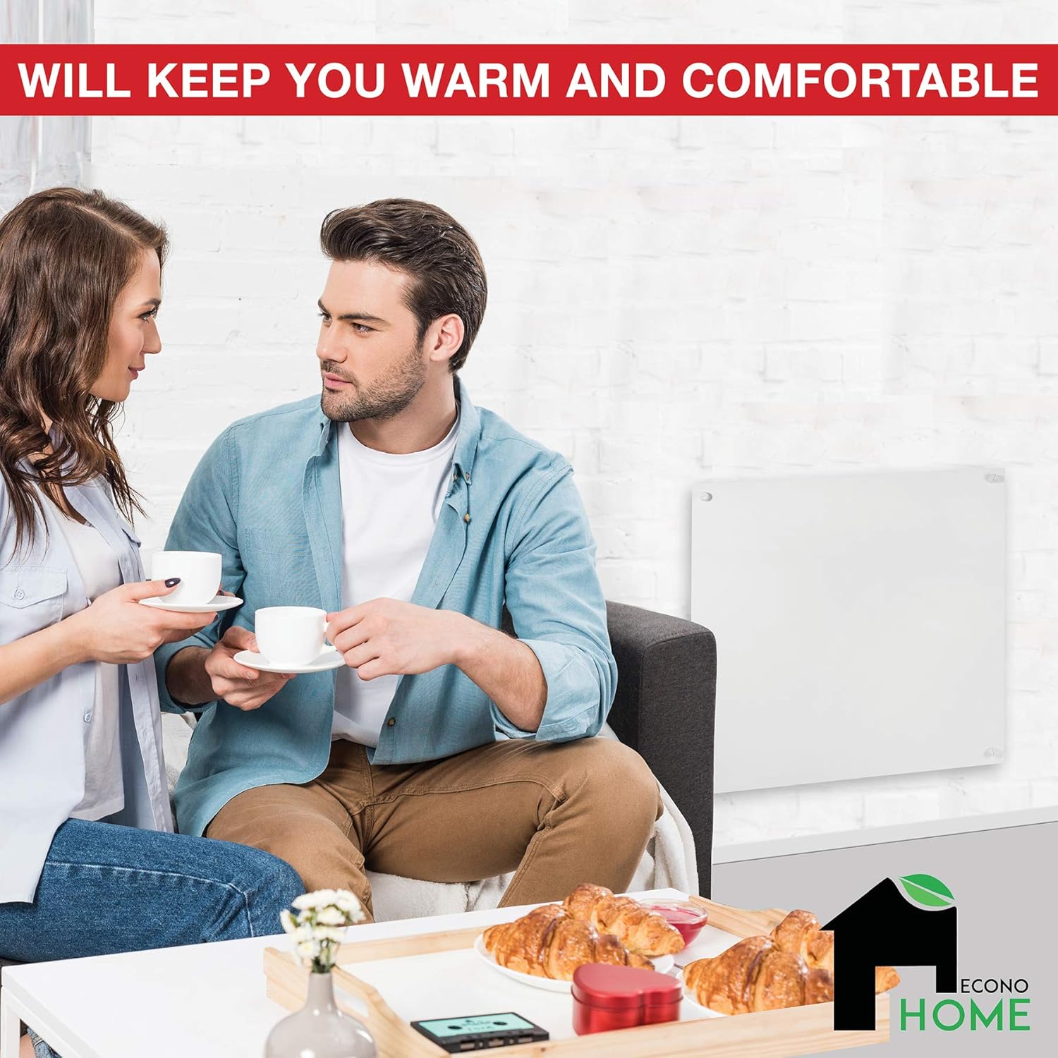 EconoHome Wall Mount Space Heater Panel - 250 Watt Splashproof Convection Heater - Ideal for 100 Sq Ft Room or Bathroom - 120V Electric Heater - Save On Heating Cost - Overheat Protection