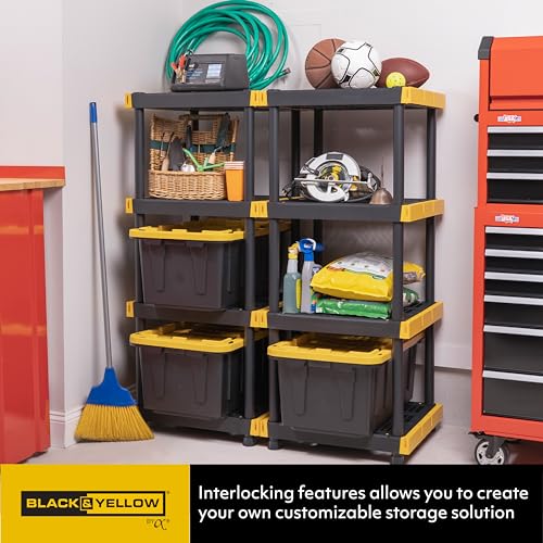 BLACK & YELLOW® 4-Tier Heavy Duty Plastic Storage Shelving Unit, 100lbs/shelf (55”H x 24”W x 20”D), for Indoor/Outdoor Organization, Modular Rack, Extremely Durable®, Made in The USA [2 Pack]