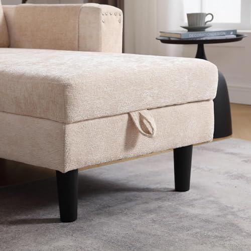 Sleeper Sectional Sofa with Storage Chaise, Side Table, L Shape Chenille Pull Out Sofa Bed, 3 Seater Convertible Couch for Living Room, Apartment, Small Space, Office, Dorm, Beige