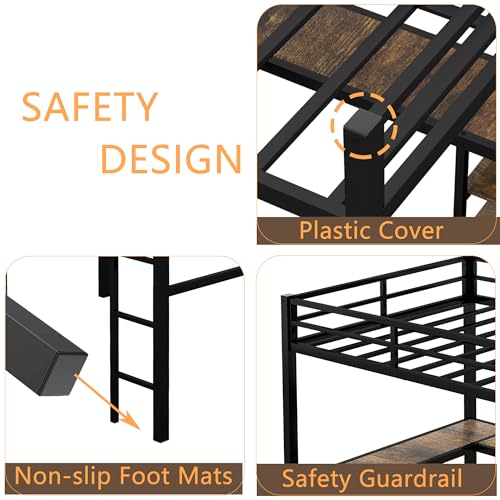 Full Size Loft Bed with Desk and Storage Shelves, Heavy Duty Metal Loft Bed with L-Shaped Desk and Ladder, Full Size Loft Bed for Kids, Teens(Black Desk Full Loft Bed)