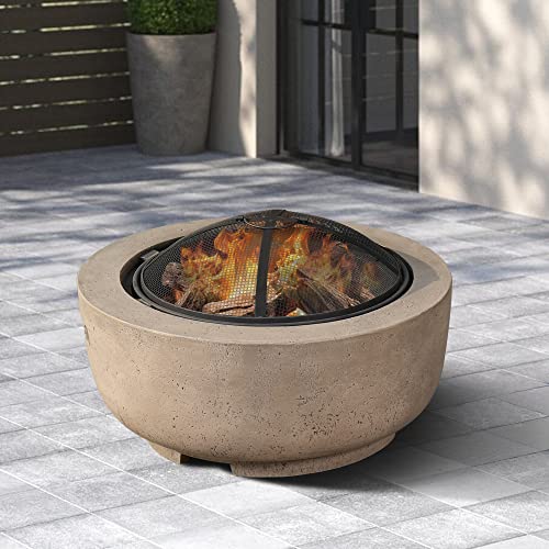 24" Small Round Outdoor FirePit,Concrete Wood Burning Fire Pits Bowl,Faux Stone Clay Firepits Table for Outside Patio,Brown