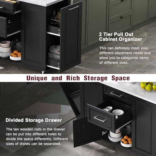 60" Kitchen Island with Drop Leaf and Power Outlet, Rolling Kitchen Cart on Wheels with Trash Can Storage Cabinet, Spice Rack, Towel Rack and Adjustable Shelf for Dining Room