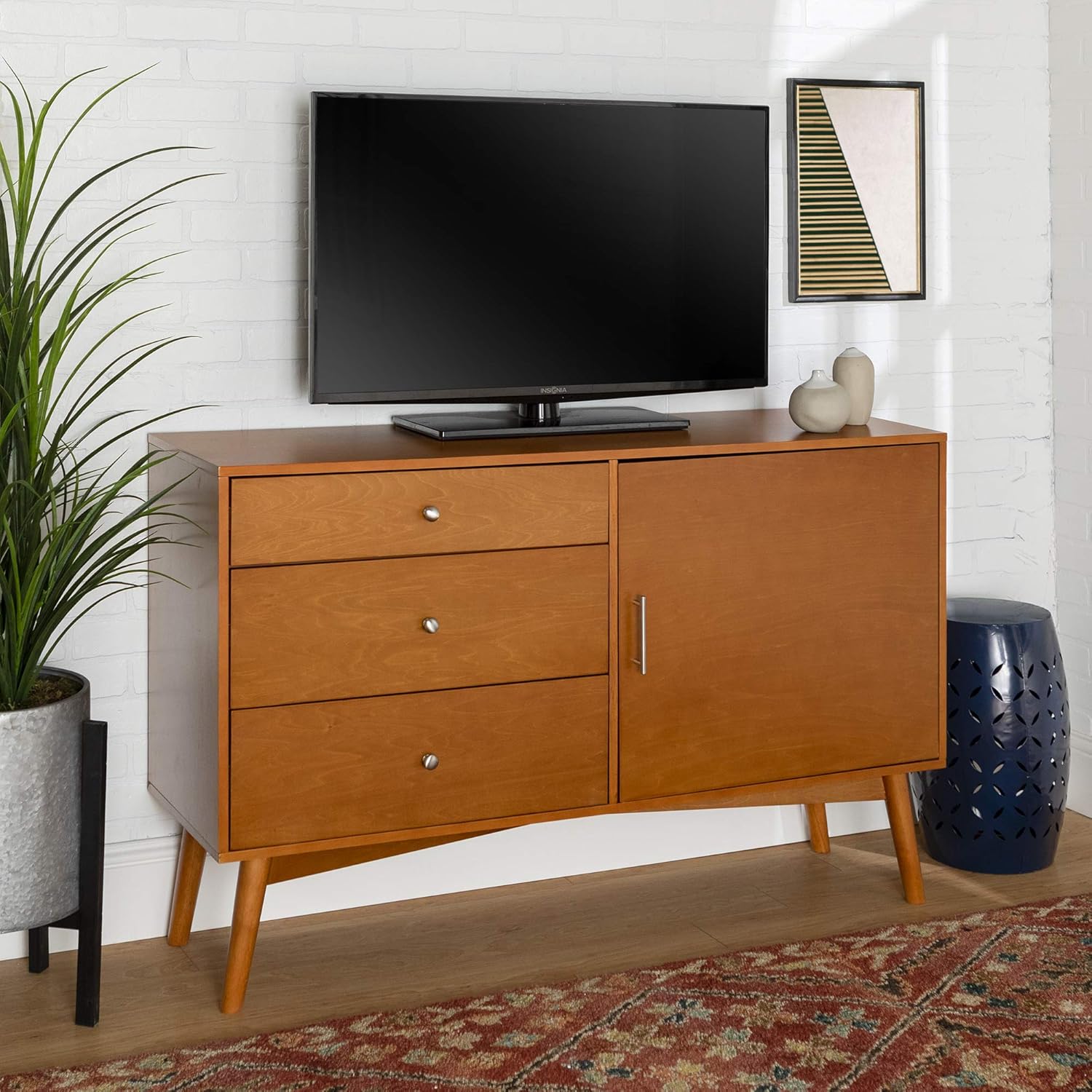Walker Edison Mid Century Modern-TV Stand Console with 3 Drawers and Closed Cabinet Storage, 60, Walnut