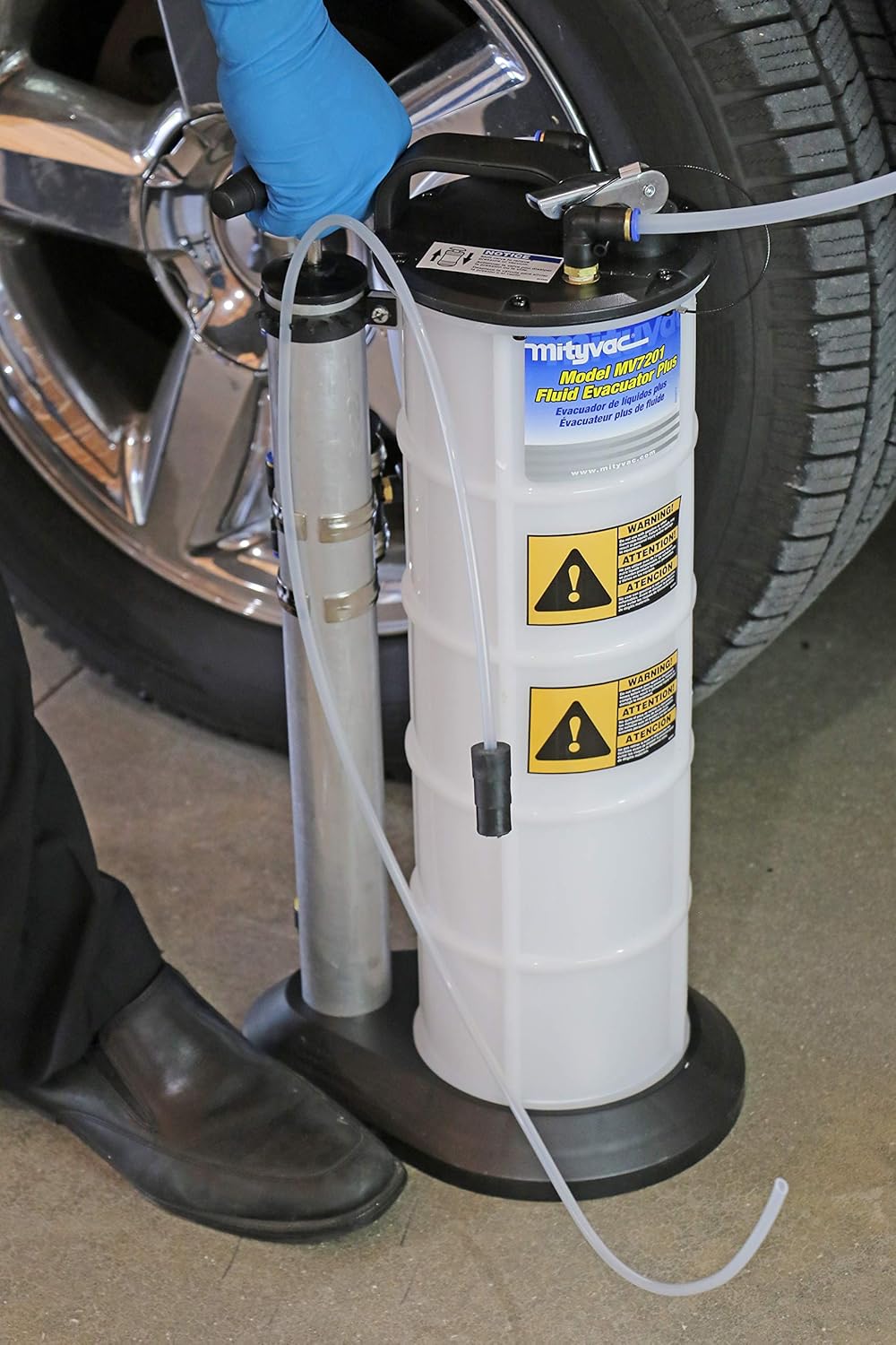 Mityvac 7201 Manual Fluid Evacuator Plus with 2.3 Gallon Reservoir; Evacuates or Dispenses Fluids with Push Button; Evacuate Through The Dipstick Tube