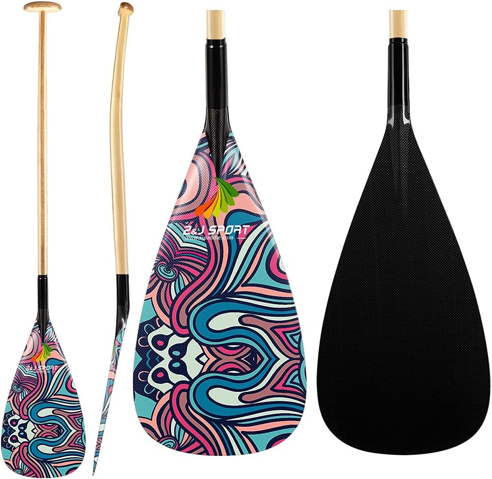 Z&J SPORT Outrigger Canoe Paddle, Tahiti Hybrid OC Paddle with Graphics Carbon Blade and Wood Bent Shaft 12 Degree