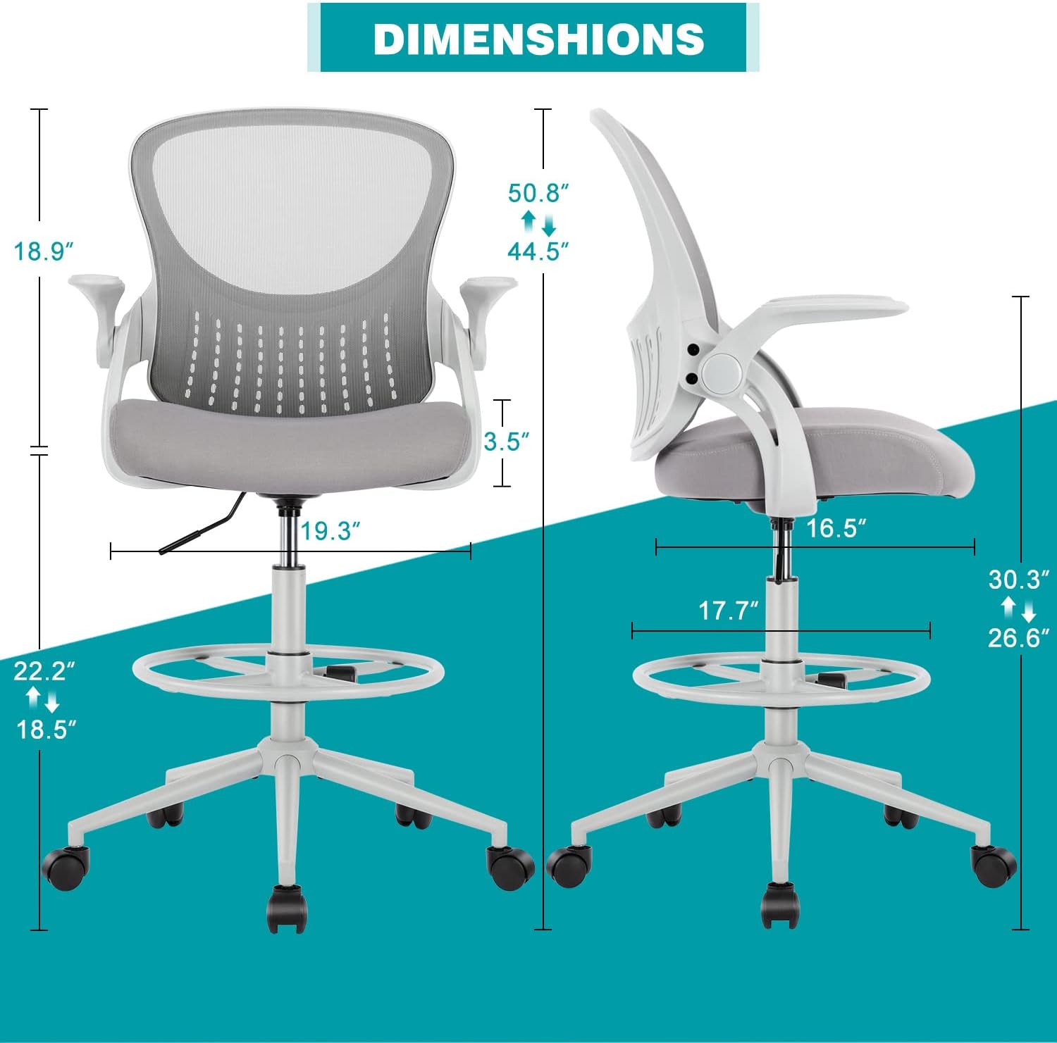 edx Drafting Chair Tall Office Chair, Tall Standing Desk Chair Counter Height Tall Adjustable Office Chair with Flip-up Arms/Wheels, Mid Back Mesh Office Drafting Chairs for Standing Desk, Grey