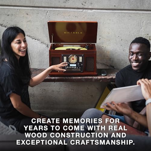 Victrola Navigator 8-in-1 Bluetooth Record Player with Built-in Speakers– 3 Speed Turntable, CD Player, Cassette, FM Radio, USB, RCA Out, Headphone Jack, Wireless Music Streaming, Real Wood (Mahogany)