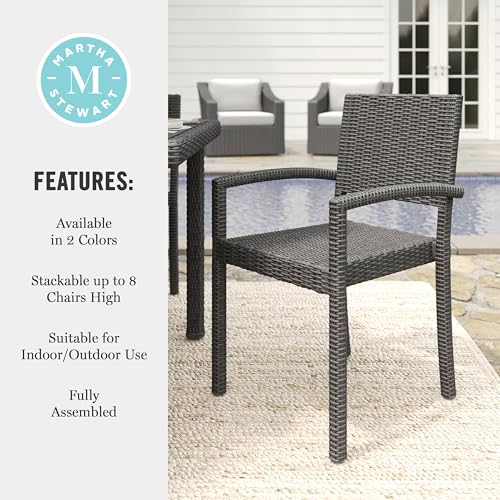 Martha Stewart Bedford Indoor-Outdoor Stackable Patio Armchairs with Rattan Wicker Finish in Brown, Set of 2