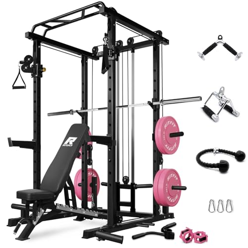 RitFit Multi-Function Squat Rack Power Cage PPC03 with Cable Crossover System, 1000LBS Capacity Power Rack and Packages with Optional Weight Bench, Barbell Weight Set, for Garage Workout & Home Gym
