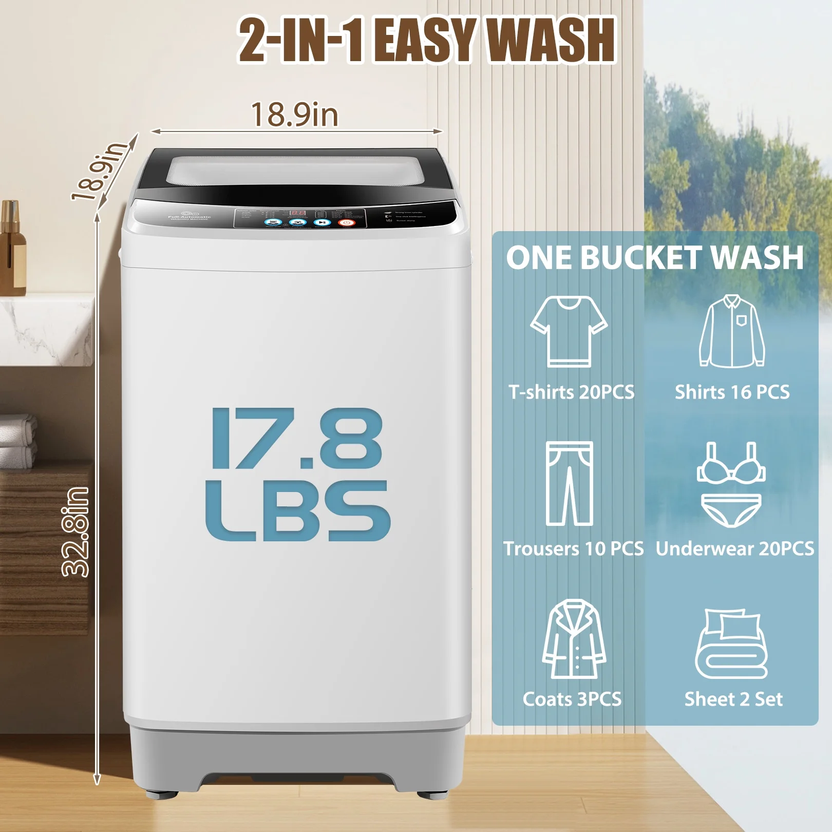 Qhomic Portable Washing Machine, 17.8 lbs Fully Automatic Compact Washer, 10 Wash Programs, 2.4 Cu.ft Washer and Dryer Combo with Dump Pump and with Glass Top, Ideal for Apartments, RVs and Camping