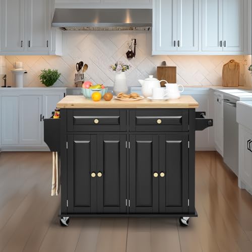 Finnhomy Rolling Kitchen Island With Drop Leaf, Thicken Rubberwood Top, Spice Rack, Towel Rack, Drawer, 43.3" Portable Mobile Kitchen Island Carts Table, Storage Cabinet, Both Wheels and Feet Included