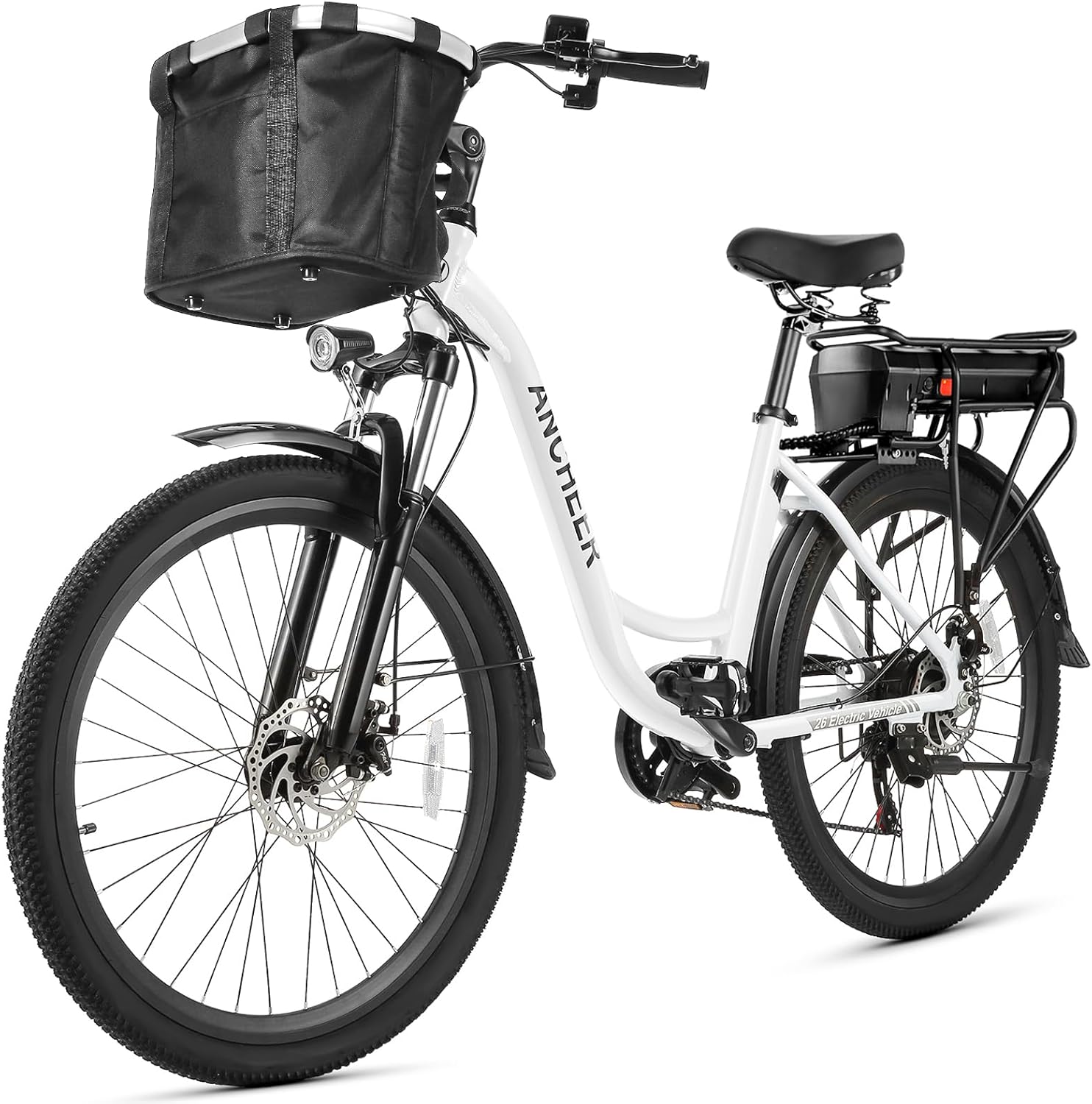 ANCHEER Electric Bike for Adults, 48V 500Wh White EBike + Basket, UP to 60 Miles, Removable Battery, 3H Fast-Charge, 26" Commuter Electric Bicycles, 7-Speed, LCD Digital Display, Suspension Fork