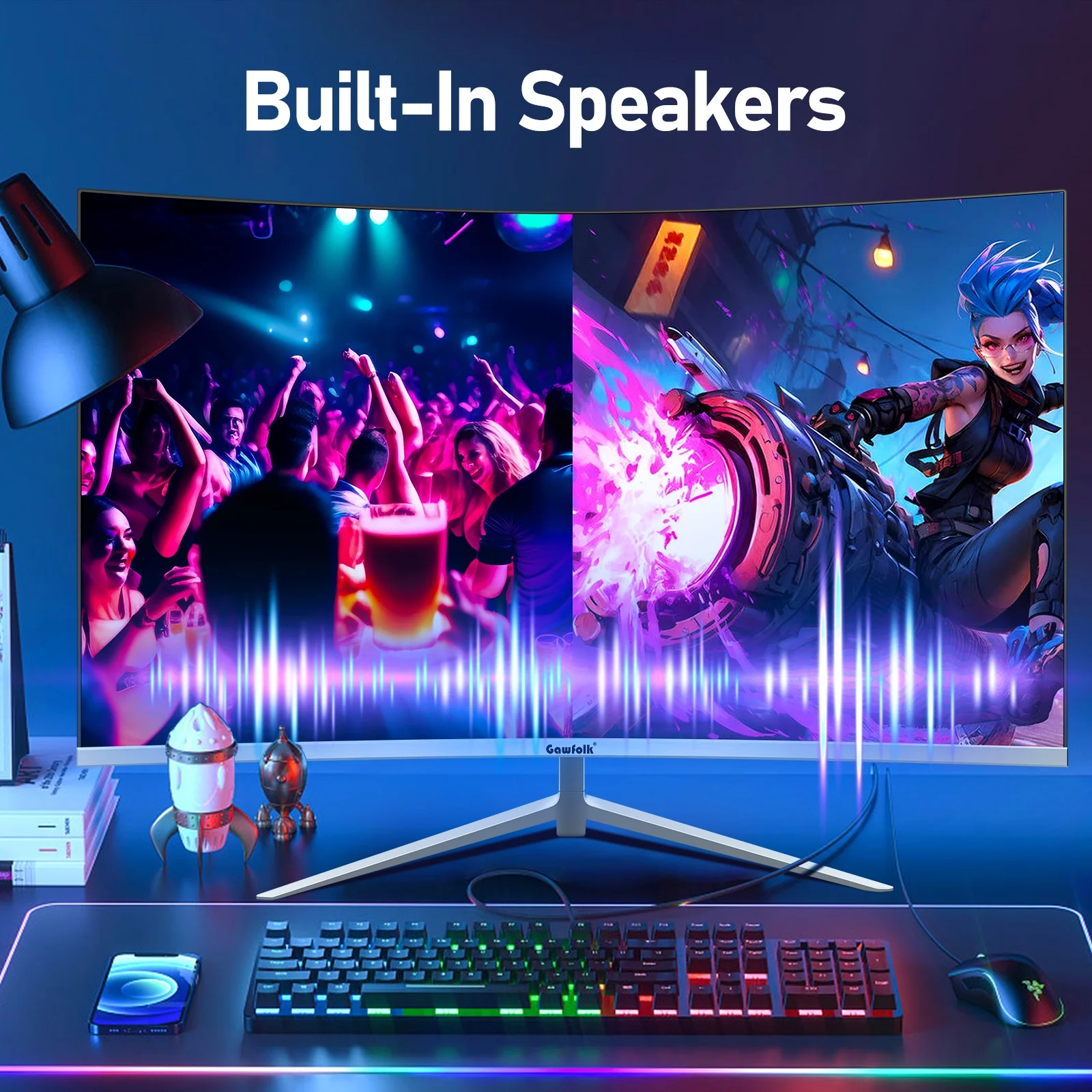 Gawfolk 27 Inch Curved Monitor 100hz,Gaming PC White Computer Monitor FHD 1080P, 1800R Frameless, Built-in Speakers, HDMI