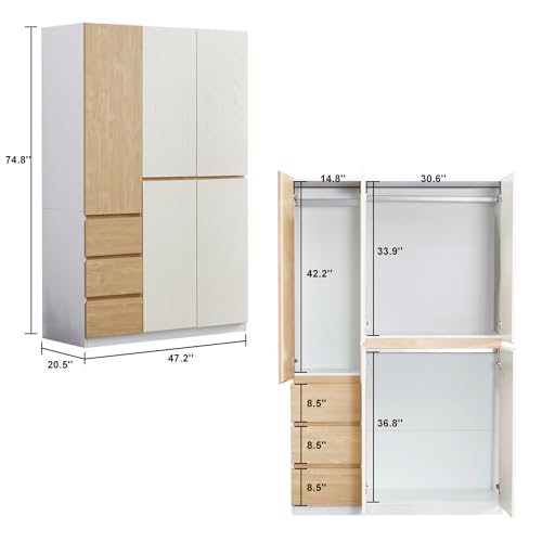 4-Door armoire wardrobe closet, White Wood Bedroom Armoire with Hanging Rod and Quadruple Doors, Closet Organizers and Storage, 63"x20.5"x74".