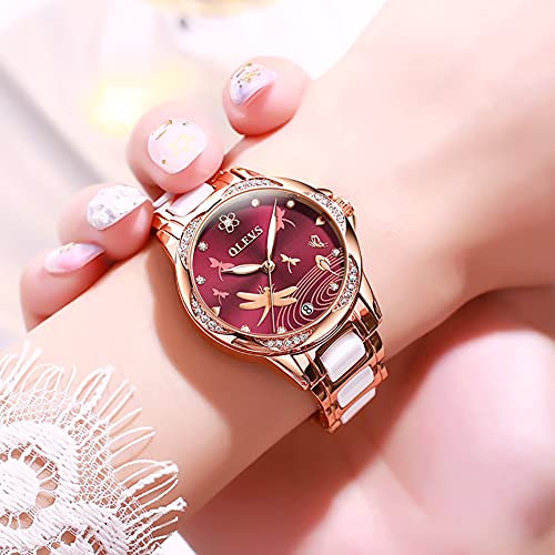 OLEVS Rose Gold Women's Watches, Ceramic Stainless Steel Band, Automatic Mechanical Watch, Waterproof Luminous Pointer Calendar, Diamonds Elegant Watches for Women, Red/Blue/White Dial [No Battery]