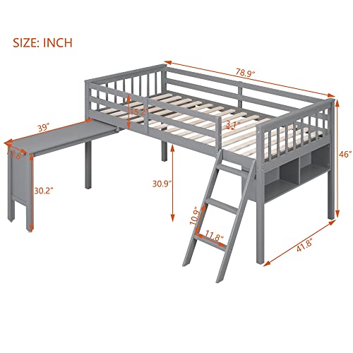 Wooden Full Size Low Loft Bed with Rolling Portable Desk and Chair,4 Cabinets，Blackboard and Slides,for Kids Boys Girls Teens Bedroom Use (White@z, Full)