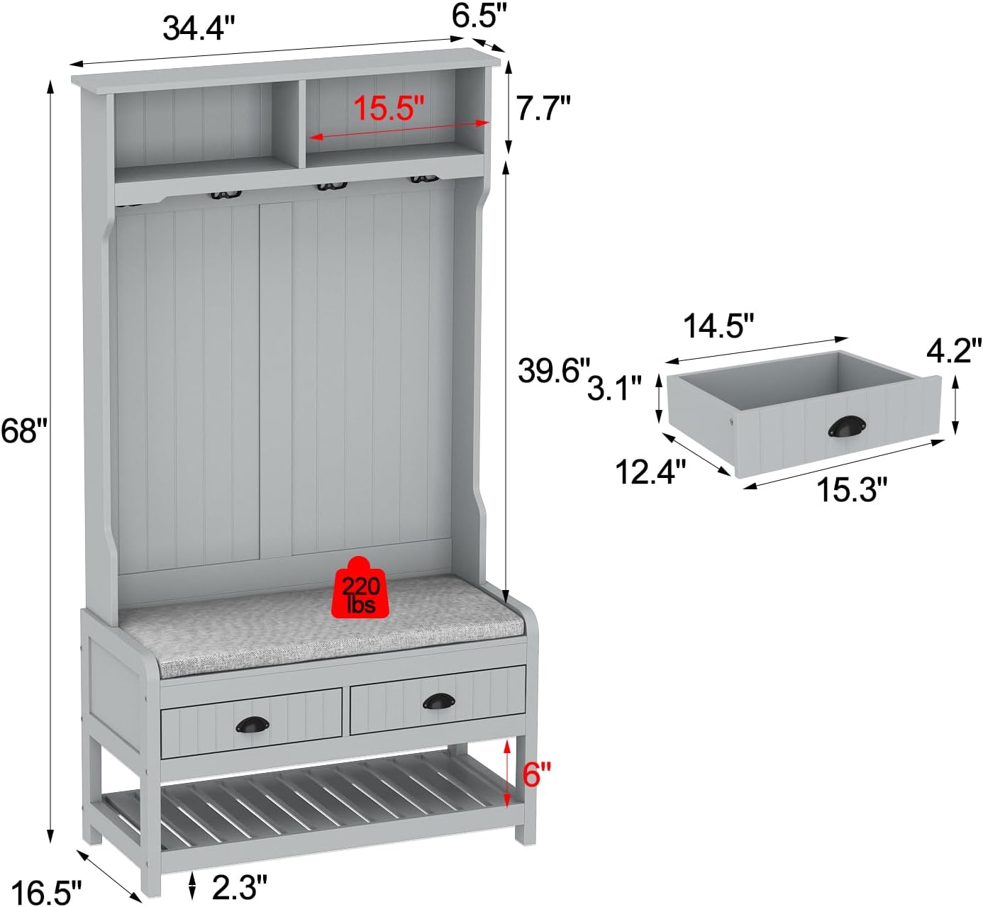 Hall Tree with Bench and Shoe Storage, Multi-Purpose Entryway Bench with Coat Rack, Padded Seat Cushion, 4 Double Hooks, Open Shelves and 2 Drawers, Grey