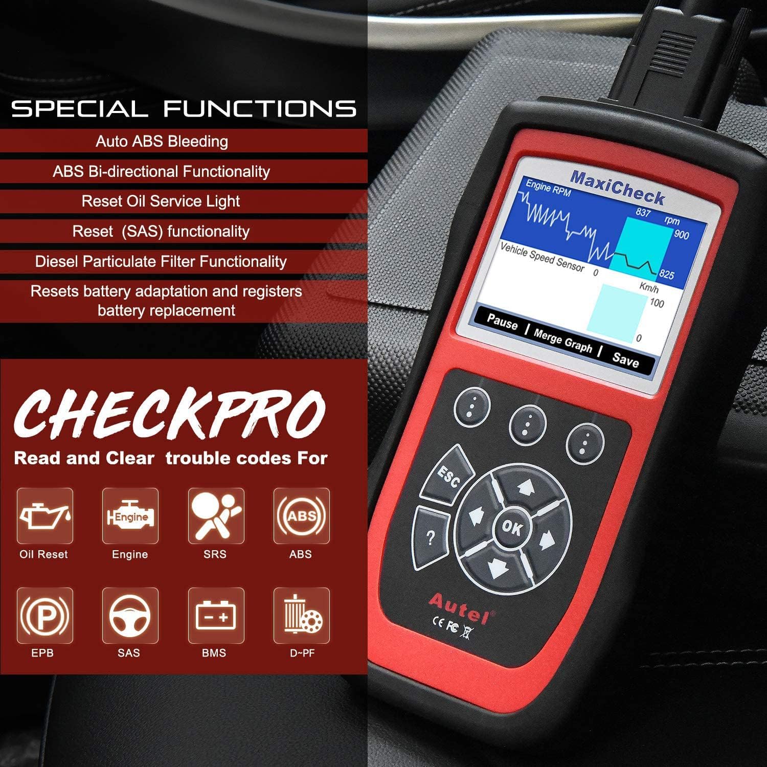Autel MaxiCheck PRO Auto Bleed Scan Tool for ABS Brake Bleeding, OBD2 ABS SRS Diagnostic Scanner, Oil Reset, BMS, EPB, Airbag, SAS Services for Specific Vehicles Up to 2015, Lifetime Free Updates