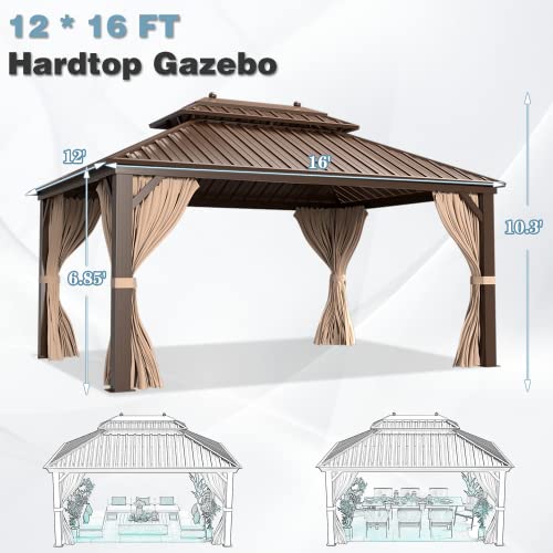 MELLCOM 12'x16' Hardtop Gazebo, Galvanized Steel Metal Double Roof Canopy with Curtains and Netting, Brown Permanent Pavilion Gazebos with Aluminum Frame for Garden, Patio, Lawns, Deck