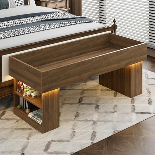 Modern Wooden Pet Bed with 2 Cushions and Led Light, Elevated Dog Bed for Small and Medium, Pet Furniture with Storage, Walnut