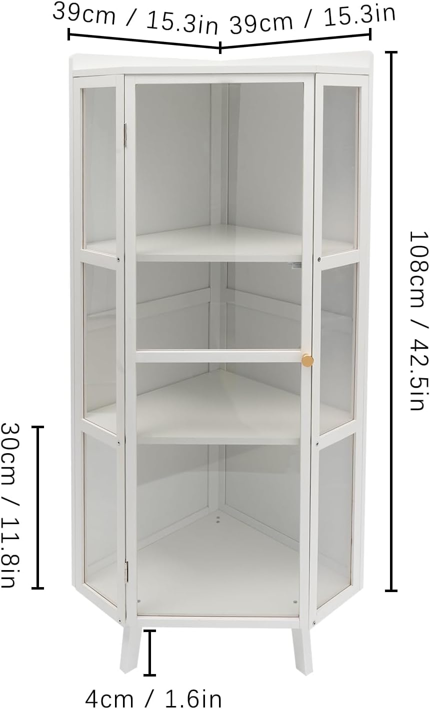 42.5" Corner Cabinet, 3-Tier Floor Storage Cabinet with Door for Kitchen Living Room Bedroom (White)