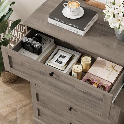 HOSTACK 5 Drawer Dresser for Bedroom, 43.7" Tall Dresser & Chest of Drawers, 29" W Drawer Chest with Metal Handles, Wood Vertical Dresser Storage Cabinet for Living Room, Hallway, Entryway, Ash Grey