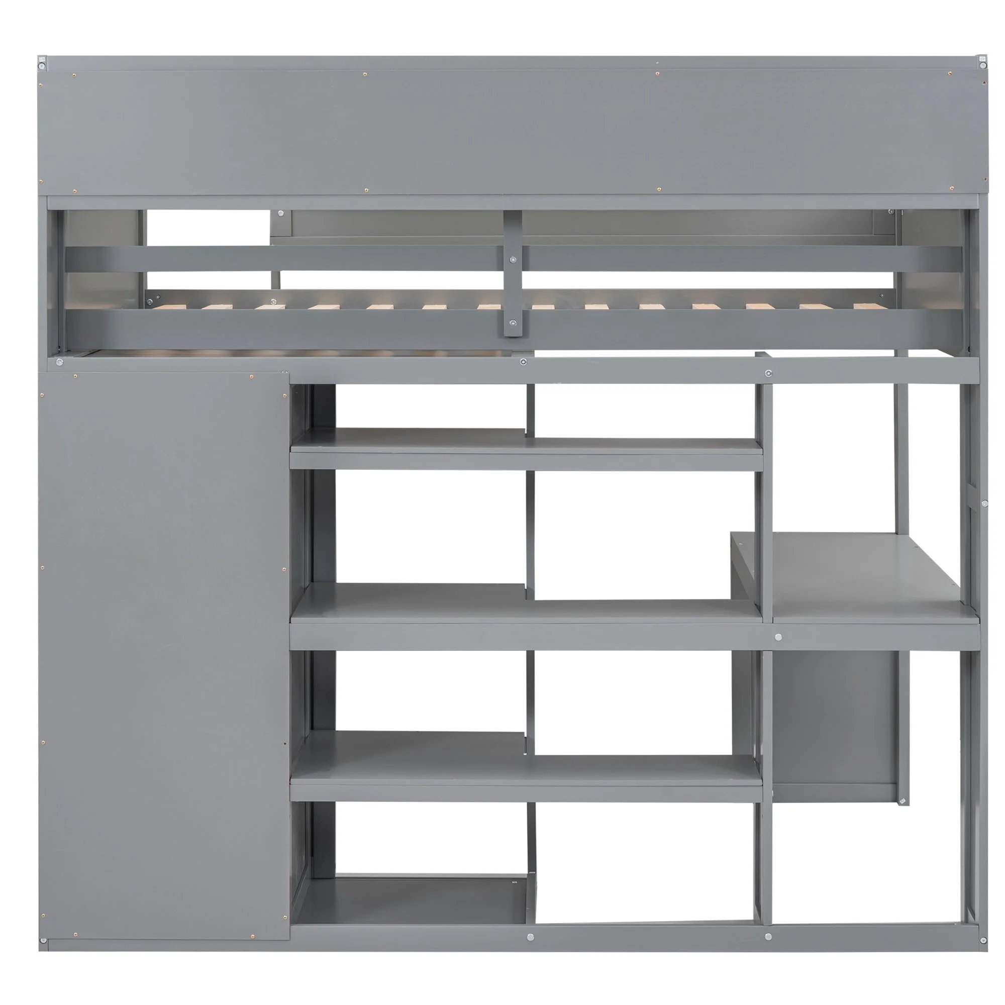 Euroco Pine Wood Twin Size Loft Bed with Desk, Wardrobe with Clothes Hanger and Display Shelves for Kids Bedroom, Gray