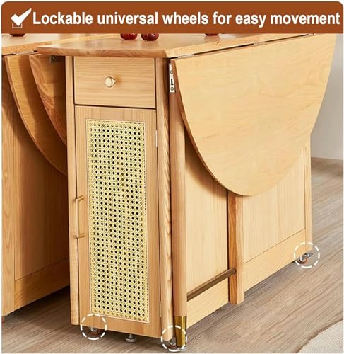 Folding Dining Table, Convertible Wood Round Dining Table for Kitchen/Farmhouse/Living Room, Space Saving Rattan Weaving Dining Room Table with Storage Space